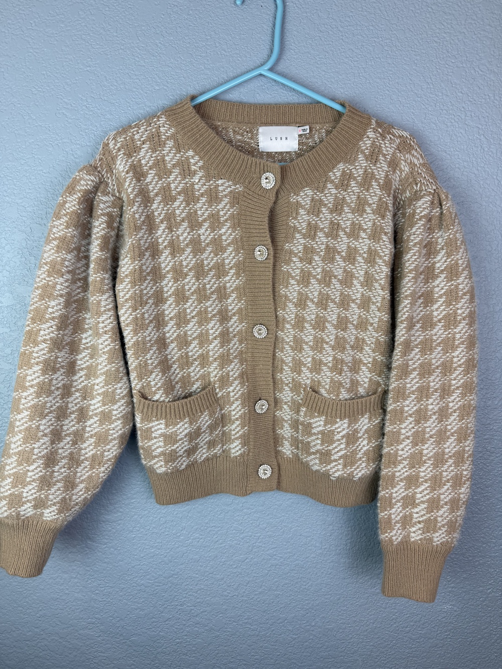 Lush Sweater Womens Small Houndstooth Cardigan Cropped Pockets Jewel Buttons